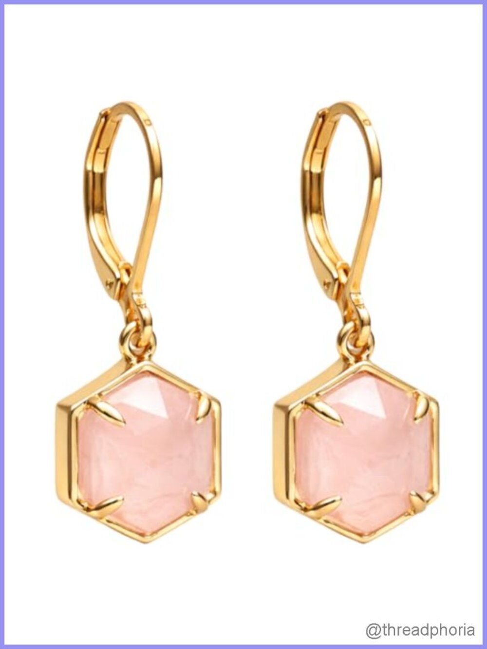 Gold Plated Hexagon Leverback Earrings with Genuine Rose Quartz 8mm Drop